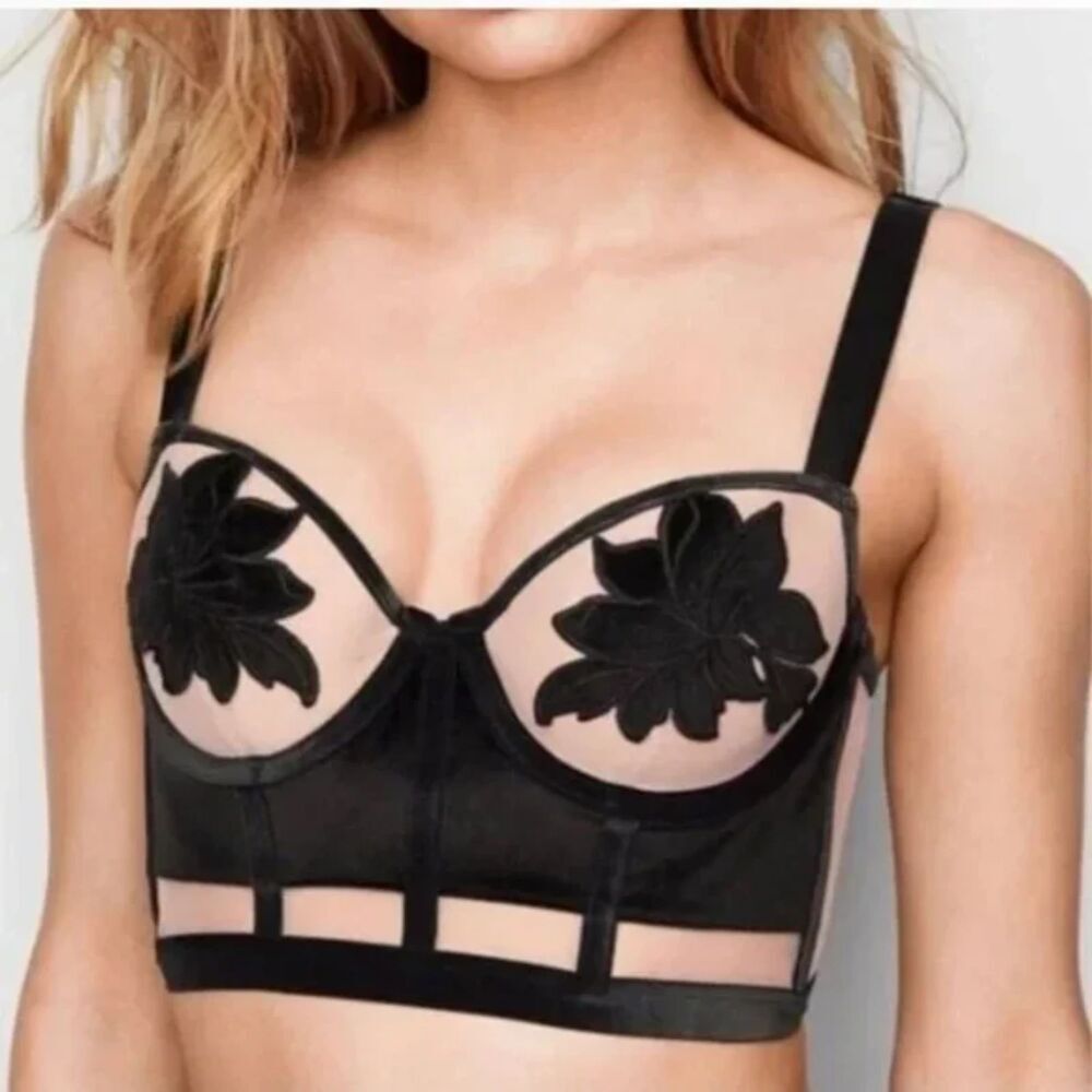 Victoria's Secret Black Velvet Floral Applique‎ Long Line Demi Bra Size 36D